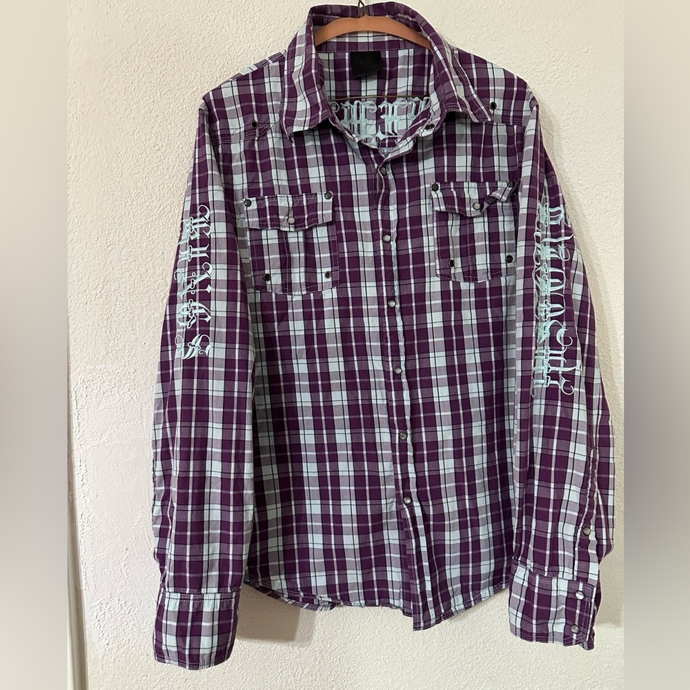 Blac Label Shirt Men Plaid Purple/White 100% Cotton Embroidered Long Sleeve Med